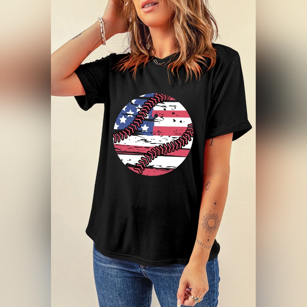 Baseball American Flag Graphic Shirt Patriotic Womens Lightweight Short Sleeve - Picture 2 of 13